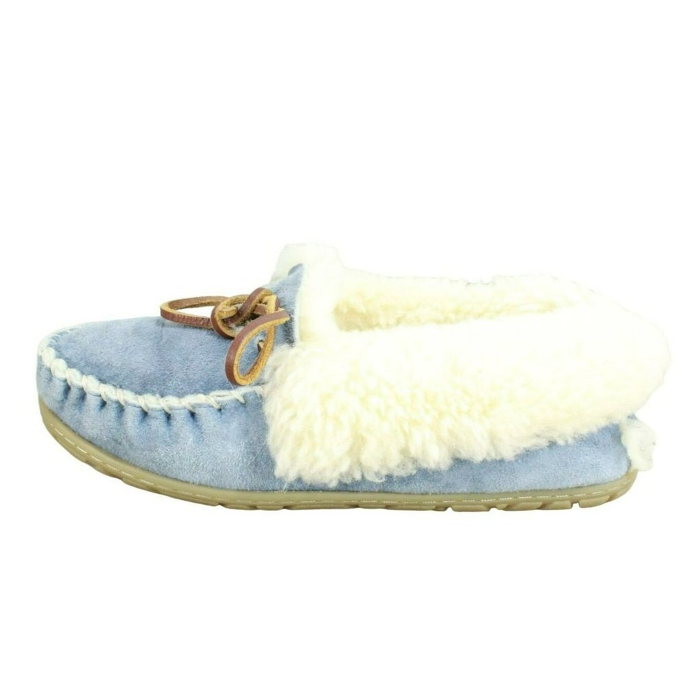 LL Bean Blue Suede Wicked Good Shearling Lined Moccasin Slippers Size 8 M - Picture 1 of 9